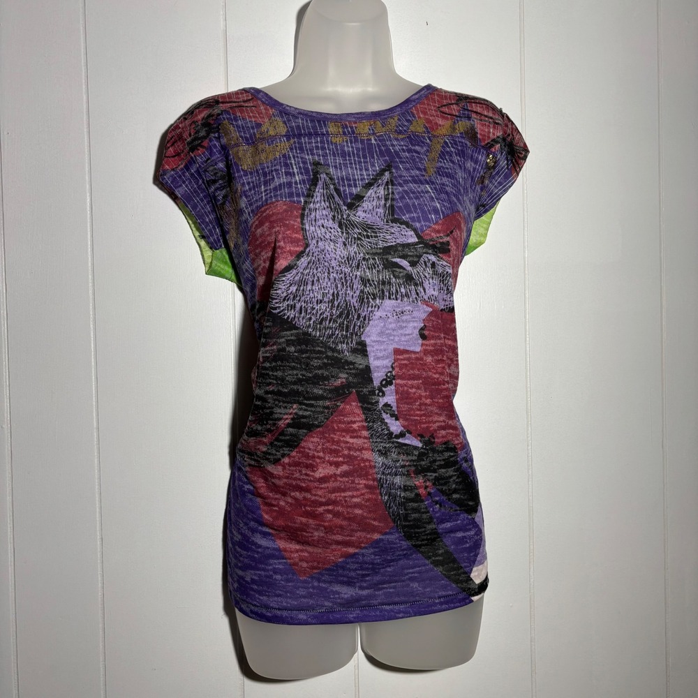 Y2K Custo Barcelona Purple Green She Wolf Heart Graphic Cap Sleeve Tee Medium